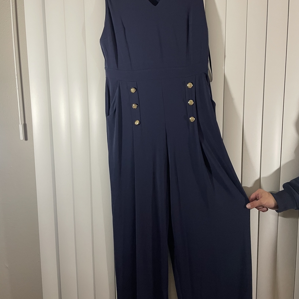 INC International Concepts Navy Jumpsuit with Gold Buttons